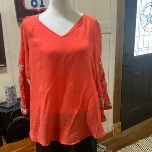 Fig and flower orange embroidered sleeve blouse.  Size medium